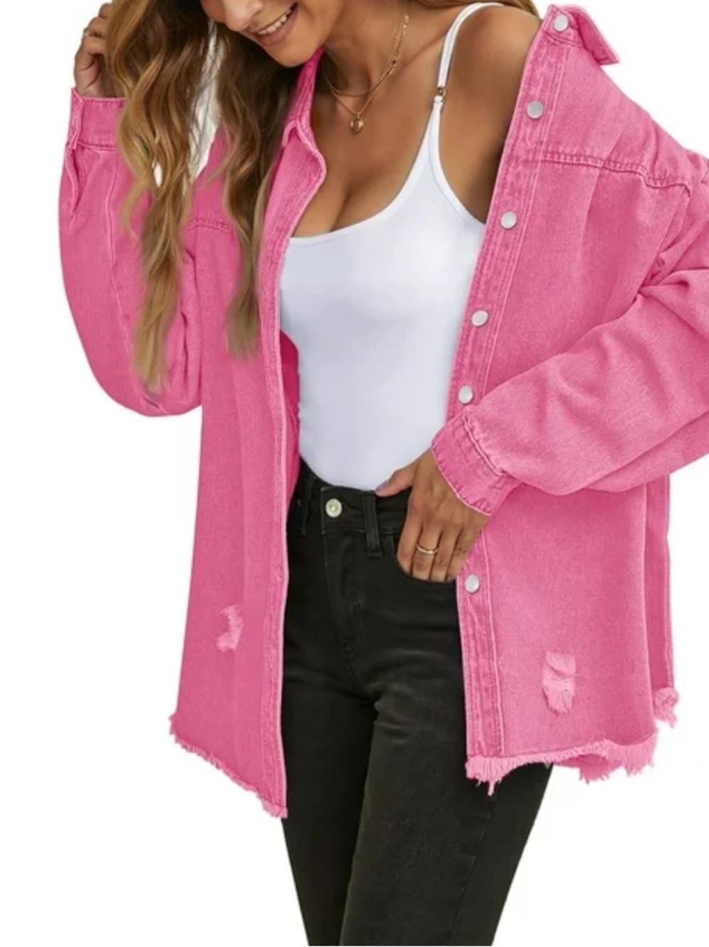 🆕 Boho Oversized Distressed Frayed Hem Denim Button Up Shirt Jacket Shacket - Picture 6 of 11